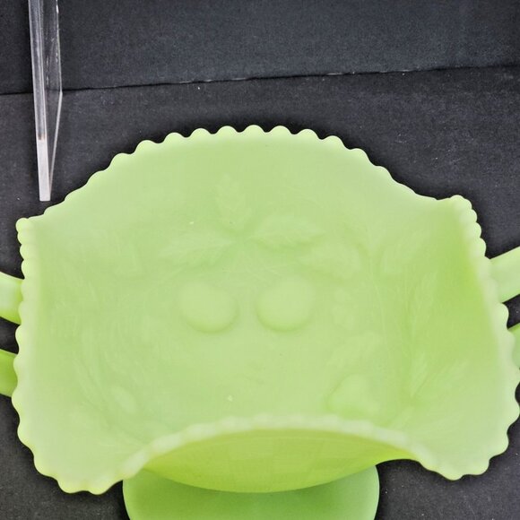 Fenton Uranium Lime Green Satin Footed Candy Dish With Handles Geiger Checked - Picture 10 of 15